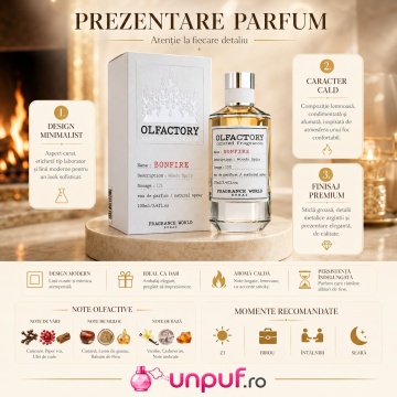 Parfum Arăbesc Olfactory Bonfire Fragrance World 100 ml, Apă de Parfum Unisex, Damă și Bărbat, Aromă Lemnos Fumurie Ambrată cu Bergamotă, Cuișoare, Piper, Guaiac, Rășini, Tămâie, Fum, Ambră, Lemn Ars și Mosc - Img 3