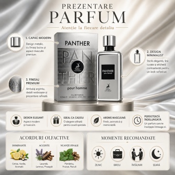 Parfum Arăbesc Panther Pour Homme Maison Alhambra EDP 100 ml Bărbat, Inspirat Phantom Paco Rabanne, Aromă Lemnos Aromatică cu Lămâie, Lavandă, Măr, Note de Fum, Paciuli, Vanilie și Vetiver - Img 3