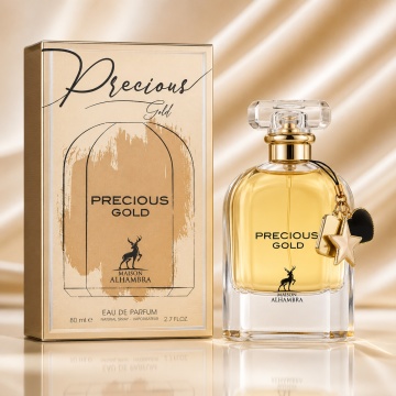 Parfum Arăbesc Precious Gold Maison Alhambra EDP 80 ml Damă, Inspirat Perfect Intense Marc Jacobs, Aromă Oriental Florală cu Iasomie, Narcisă, Migdal și Lemn de Santal