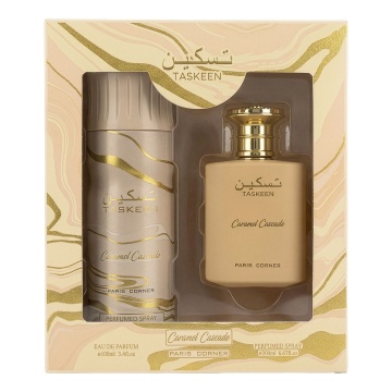 Parfum Arăbesc Taskeen Caramel Cascade Eau de Parfum 100 ml + Deodorant Spray 200 ml, Paris Corner, Apă de Parfum , Unisex, Damă, Bărbat