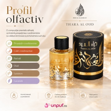 Parfum Arăbesc Thara Al Oud Ard Al Zaafaran 100 ml, Apă de Parfum Unisex Damă și Bărbat, Aromă Oriental Oud Lemnoasă cu Bergamotă, Șofran, Santal, Tămâie, Trandafir, Oud, Patchouli, Ambră și Mosc - Img 4