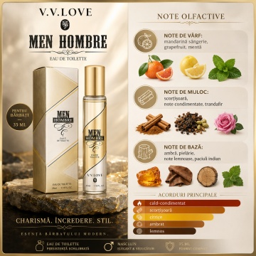 Parfum Bărbat Men Hombre 35 ml V.V. Love, Apă de Toaletă, Inspirat de 1 Million Rabanne, Aromă Cald Condimentată cu Mandarină Sângerie, Grapefruit, Mentă, Scorțișoară, Trandafir, Ambră, Pielărie, Note Lemnoase și Paciuli Indian - Img 3
