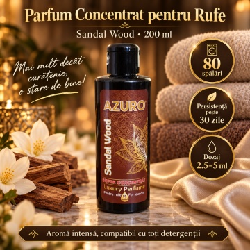 Parfum Concentrat pentru Rufe Azuro Sandal Wood, până la 80 Spălări, Aromă Lemnoasă de Santal, pentru Spălare Automată și Manuală, 200 ml