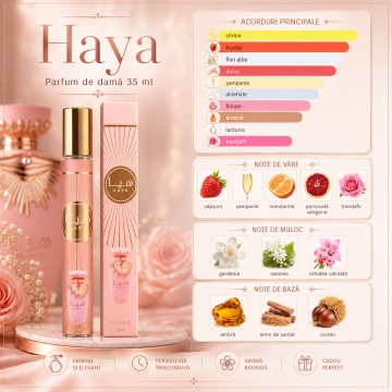Parfum Damă Arăbesc Haya 35 ml V.V. Love, Apă de Parfum, Inspirat de Haya Lattafa, Aromă Feminină cu Căpșuni, Șampanie, Mandarină, Portocală Sângerie, Trandafir, Iasomie, Orhidee Vanilată, Ambră și Lemn de Santal - Img 3