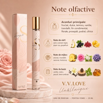 Parfum Damă Un & Unique 35 ml V.V. Love, Inspirat de Sì Passione Giorgio Armani, Aromă Fructat Florală cu Pară, Coacăze Negre, Piper Roz, Grapefruit, Trandafir, Iasomie, Vanilie, Cedru și Paciuli - Img 3