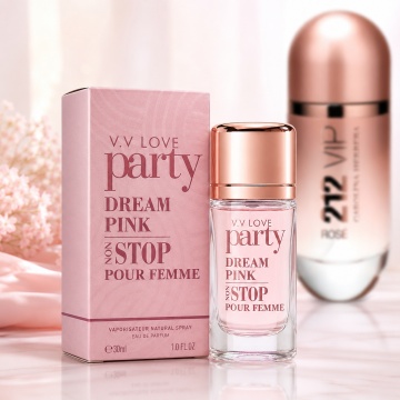 Parfum Damă V.V. Love Party Dream Pink Non Stop Eau de Parfum 30 ml, Inspirat din Carolina Herrera 212 VIP Rosé, Aromă Florală, Fructată și Elegantă