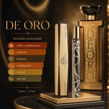 Parfum De Oro 35 ml, Apă de Parfum Unisex, Aromă Cald Condimentată, Ambrată și Lemnoasă, Format Compact, Note de Mandarină Sângerie, Grapefruit, Mentă, Scorțișoară, Paciuli Indian, Note Lemnoase, Pielărie și Ambră - Img 4