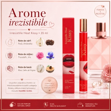 Parfum Irresistille Heat Kissy 35 ml, Apă de Parfum Damă, Aromă Floral Fructată Moscată și Elegantă, Format Compact, Note de Pară, Ambretă, Trandafir, Iris, Mosc și Cedru de Virginia - Img 4