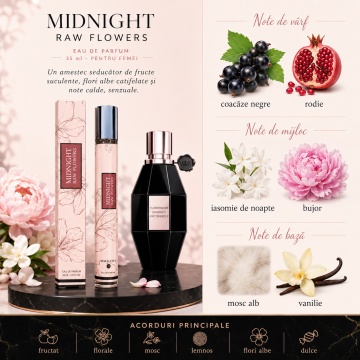 Parfum Midnight Raw Flowers 35 ml, Apă de Parfum Damă, Aromă Fructat Florală, Dulce și Moscată, Format Compact, Note de Coacăze Negre, Rodie, Iasomie de Noapte, Bujor, Mosc Alb și Vanilie - Img 5