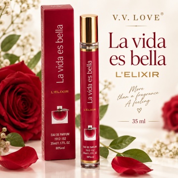 Parfum pentru femei La Vida Es Bella L'Elixir V.V. Love, Apa de Parfum, 35 ml, aroma fructata dulce florala, zmeura, lichior, bergamota de Calabria, frunza de violeta, trandafir, pielarie, unt de cacao si cedru