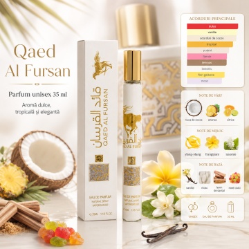 Parfum Qaed Al Fursan 35 ml, Apă de Parfum Unisex, Aromă Dulce Tropicală și Elegantă, Format Compact, Note de Nucă de Cocos, Ananas, Citrice, Ylang Ylang, Frangipani, Iasomie, Vanilie, Mosc și Lemn de Santal - Img 2