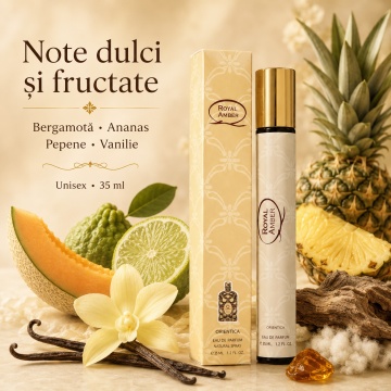 Parfum Royal Amber 35 ml, Apă de Parfum Unisex, Aromă Dulce Fructată și Ambrată, Format Compact, Note de Bergamotă, Note Verzi, Pepene, Ananas, Ambră, Mosc, Note Lemnoase și Vanilie - Img 7