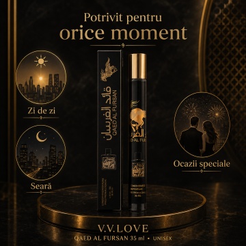 Parfum Unisex Arăbesc Qaed Al Fursan 35 ml V.V. Love, Apă de Parfum, Inspirat de Qaed Al Fursan Lattafa, Aromă Fructată, Lemnoasă și Ambrată cu Ananas, Șofran, Brad Balsamic, Iasomie, Cedru, Ambră și Oud - Img 6