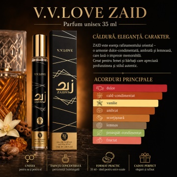 Parfum Unisex Arăbesc Zaid 35 ml V.V. Love, Apă de Toaletă, Inspirat de Khamrah Lattafa, Aromă Dulce Cald Condimentată cu Scorțișoară, Nucșoară, Bergamotă, Curmale, Pralină, Tuberoză, Vanilie, Tonka, Lemn Ambrat și Smirnă - Img 3