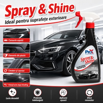 Polish auto exterior PRO X Spray & Shine, soluție cu polimeri siliconici pentru luciu, protecție caroserie, acoperire zgârieturi fine și revigorare culoare, 500 ml, 4x Stickere - Img 5