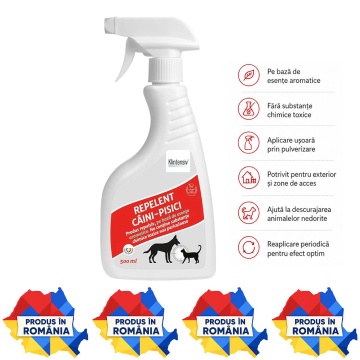 Repelent natural anti câini și pisici, soluție profesională 100% naturală, pentru protejarea curților, grădinilor, teraselor și zonelor exterioare, 500 ml, 4x Stickere