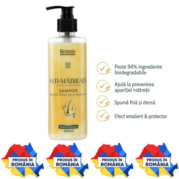 Șampon anti-mătreață Klintensiv, cu Piroctone Olamine și D-Panthenol, pentru scalp echilibrat și păr fără mătreață, peste 94% ingrediente biodegradabile, produs românesc, 400 ml, 4x Stickere