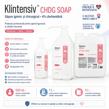 Săpun dezinfectant profesional Klintensiv CHDG Soap, clorhexidină digluconat 4%, pentru spitale, clinici, dispensere și reumplere dozatoare, canistră 5 L, 4x Stickere - Img 5