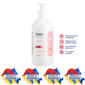 Săpun dezinfectant profesional Klintensiv CHDG Soap, cu clorhexidină digluconat 4%, igienic și chirurgical, bactericid, levuricid și virucid, pentru mâini, corp și scalp, 500 ml, 4x Stickere