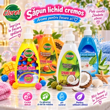 Săpun Lichid Cremos Cloret Cocos Fresh cu Pompiță, pentru Mâini, cu Ulei de Măsline, Curățare Delicată și Parfum de Cocos, 500 ml - Img 5