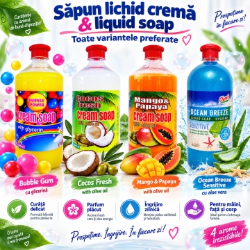 Săpun Lichid Cremos Cloret Cocos Fresh, Rezervă pentru Mâini, cu Ulei de Măsline, Curățare Delicată și Parfum de Cocos, pentru Reumplere Recipiente, 1 L - Img 5