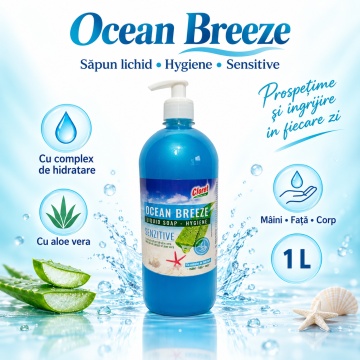 Săpun Lichid Cremos Cloret Ocean Breeze Sensitive cu Pompiță, pentru Mâini, cu Complex de Hidratare, Curățare Delicată și Parfum Fresh, 1 L