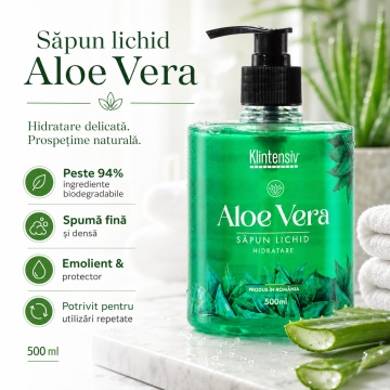 Săpun lichid Klintensiv, parfum Aloe Vera, spumă fină, efect emolient și protectiv, peste 94% ingrediente biodegradabile, pentru mâini și tegumente, 500 ml, 4x Stickere - Img 2