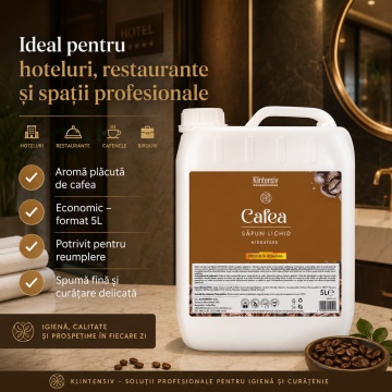 Săpun lichid Klintensiv, parfum Cafea, formulă profesională pentru mâini și tegumente, peste 94% ingrediente biodegradabile, ideal pentru hoteluri, firme, birouri și spații publice, 5 L, 4x Stickere - Img 2