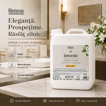 Săpun lichid Klintensiv, parfum Iasomie, formulă profesională pentru mâini și tegumente, peste 94% ingrediente biodegradabile, ideal pentru hoteluri, firme, birouri și spații publice, 5 L, 4x Stickere - Img 2