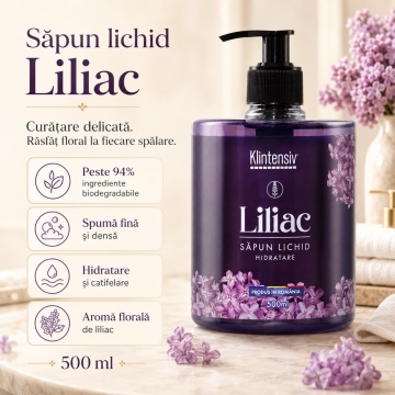 Săpun lichid Klintensiv, parfum Liliac, spumă fină, efect emolient și protectiv, peste 94% ingrediente biodegradabile, pentru mâini și tegumente, 500 ml, 4x Stickere - Img 2