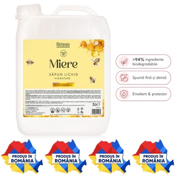 Săpun lichid Klintensiv, parfum Miere, formulă profesională pentru mâini și tegumente, peste 94% ingrediente biodegradabile, ideal pentru hoteluri, firme, birouri și spații publice, 5 L, 4x Stickere