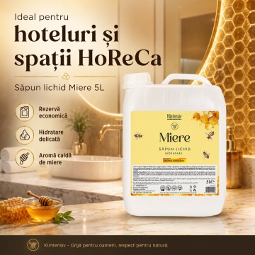 Săpun lichid Klintensiv, parfum Miere, formulă profesională pentru mâini și tegumente, peste 94% ingrediente biodegradabile, ideal pentru hoteluri, firme, birouri și spații publice, 5 L, 4x Stickere - Img 2