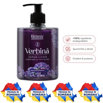 Săpun lichid Klintensiv, parfum Verbina, spumă fină, efect emolient și protectiv, peste 94% ingrediente biodegradabile, pentru mâini și tegumente, 500 ml, 4x Stickere