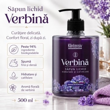 Săpun lichid Klintensiv, parfum Verbina, spumă fină, efect emolient și protectiv, peste 94% ingrediente biodegradabile, pentru mâini și tegumente, 500 ml, 4x Stickere - Img 2