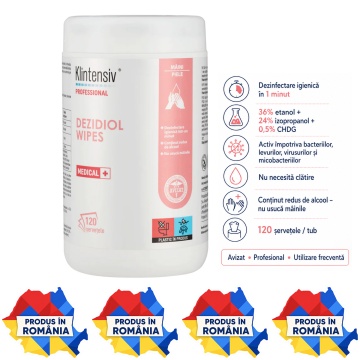 Servețele dezinfectante mâini Dezidiol Wipes Klintensiv Professional, cu 36% etanol, 24% izopropanol și 0,5% clorhexidină, bactericide, levuricide, virucide și micobactericide, fără clătire, tub 120 buc, 4x Stickere