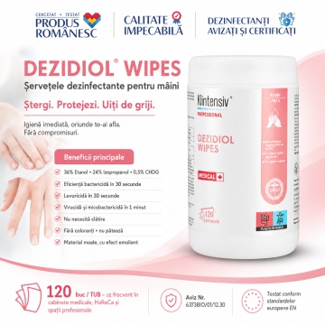 Servețele dezinfectante mâini Dezidiol Wipes Klintensiv Professional, cu 36% etanol, 24% izopropanol și 0,5% clorhexidină, bactericide, levuricide, virucide și micobactericide, fără clătire, tub 120 buc, 4x Stickere - Img 2
