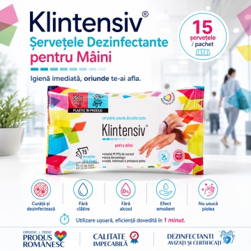 Șervețele dezinfectante mâini Klintensiv, pachet 15 buc, gata de utilizare, bactericide și levuricide, fără clătire, cu agent emolient, aviz biocid, 4x Stickere - Img 2