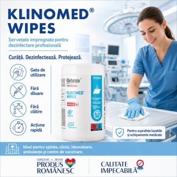 Servețele impregnate pentru dezinfectare profesională Klinomed Wipes, 85% etanol, pentru suprafețe, instrumentar și echipamente medicale, bactericide, levuricide, fungicide, virucide, micobactericide și tuberculocide, aviz biocid, 120 servetele, 4x Sticke - Img 2