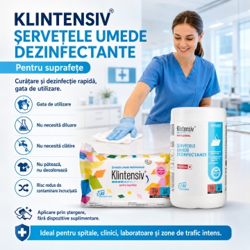 Șervețele umede dezinfectante suprafețe Klintensiv professional, pre-impregnate, pentru suprafețe, instrumentar și dispozitive medicale, bactericide, fungicide, virucide, fără clătire, aviz biocid, 80 servetele, 4x Stickere - Img 2