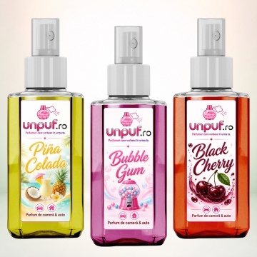 Set 3 Odorizante auto si casa Unpuf, Arome Black Cherry Bubble Gum Pina Colada, cu pulverizator, improspatare aer si parfum de durata, 3x75 ml
