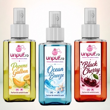 Set 3 Odorizante auto si casa Unpuf, Arome Black Cherry Ocean Breeze Pepene Galben, cu pulverizator, improspatare aer si parfum de durata, 3x75 ml