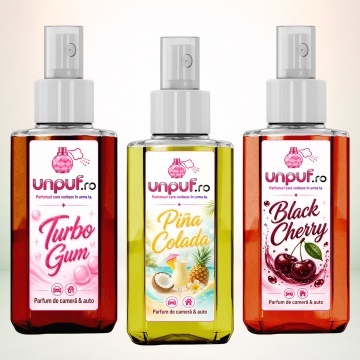 Set 3 Odorizante auto si casa Unpuf, Arome Black Cherry Pina Colada Turbo Gum, cu pulverizator, improspatare aer si parfum de durata, 3x75 ml
