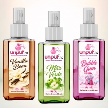 Set 3 Odorizante auto si casa Unpuf, Arome Bubble Gum Mar Verde Vanilla Bean, cu pulverizator, improspatare aer si parfum de durata, 3x75 ml