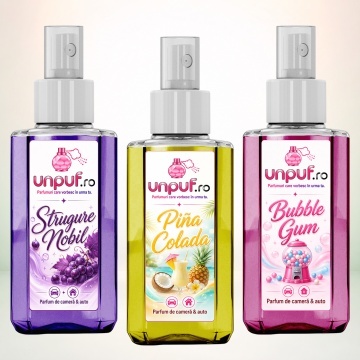 Set 3 Odorizante auto si casa Unpuf, Arome Bubble Gum Pina Colada Strugure Nobil, cu pulverizator, improspatare aer si parfum de durata, 3x75 ml