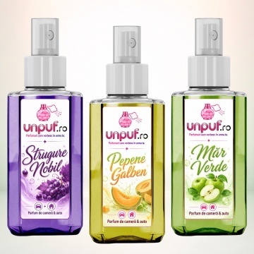 Set 3 Odorizante auto si casa Unpuf, Arome Mar Verde Pepene Galben Strugure Nobil, cu pulverizator, improspatare aer si parfum de durata, 3x75 ml