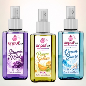 Set 3 Odorizante auto si casa Unpuf, Arome Ocean Breeze Pepene Galben Strugure Nobil, cu pulverizator, improspatare aer si parfum de durata, 3x75 ml