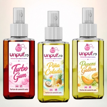 Set 3 Odorizante auto si casa Unpuf, Arome Pepene Galben Pina Colada Turbo Gum, cu pulverizator, improspatare aer si parfum de durata, 3x75 ml