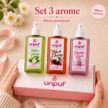 Set 3 Odorizante auto si casa Unpuf, Arome Pepene Galben Pina Colada Vanilla Bean, cu pulverizator, improspatare aer si parfum de durata, 3x75 ml - Img 2