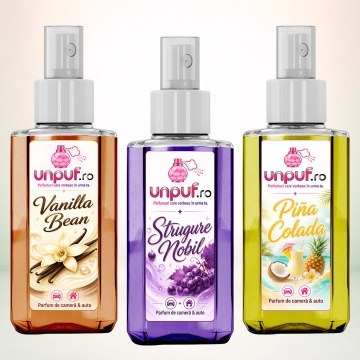 Set 3 Odorizante auto si casa Unpuf, Arome Pina Colada Strugure Nobil Vanilla Bean, cu pulverizator, improspatare aer si parfum de durata, 3x75 ml