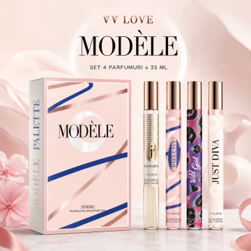 Set 4 Parfumuri Modele V.V. Love 35 ml, J’Golden, Bella Pour Femme, Wild Girl, Just Diva, set cadou, pentru Femei